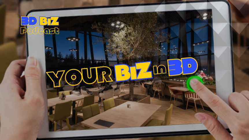 a ipad with a 3D restaurant and a woman tapping on the ipad to click, explore, and enjoy |3D My Biz 3dmybiz.com